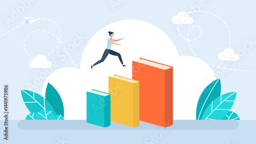 Girl steps up stairs of books. Woman run on stairs of books stacks to award on top. Concept of reading and knowledge help achieve goals, success in education and career. Vector illustration. 