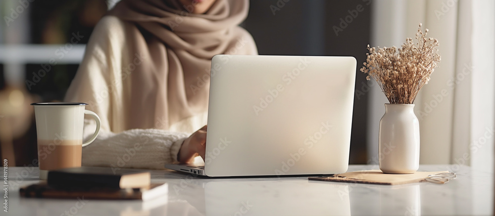 Student or professional hijabi typing on laptop, Scandinavian design setting, perfect for work or study themes