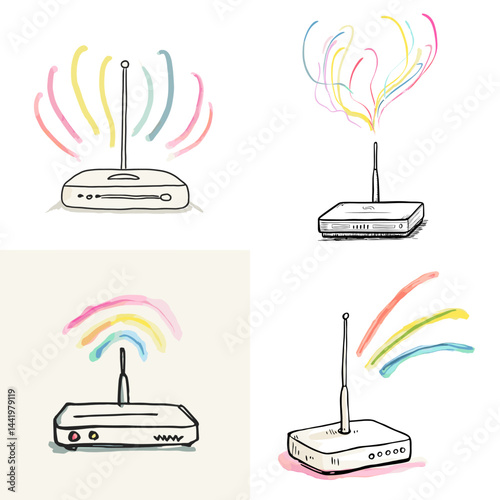 Illustration set of hand-drawn Wi-Fi routers emitting colorful signal waves, ideal for tech, internet, and wireless connection-themed visuals.

