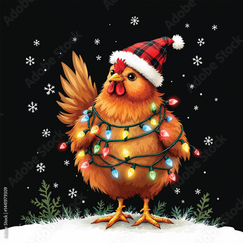 Chicken Christmas Lights Chickens Santa Hat Vector Illustration isolated