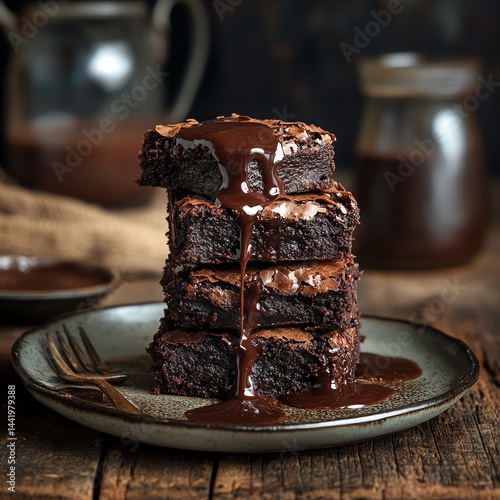 Brownies Stacked with Chocolate Sauce on Plate