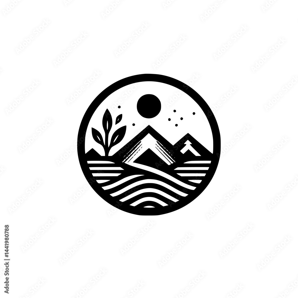 Obraz premium Minimalist Landscape Icon: Mountains, Moon, and Foliage in Circle