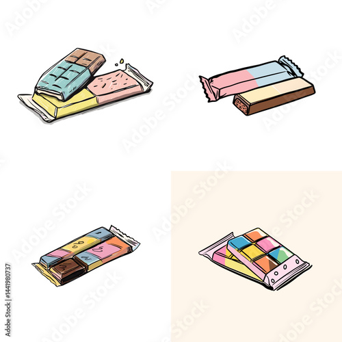 Set of hand-drawn chocolate bars in colorful pastel wrappers, partially unwrapped, ideal for candy, snack, or sweet product-themed designs.

