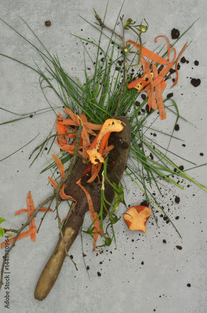 Eco texture: top view abstract mess connected with gardening and composting. Grass remains, carrot and orange peelings, soil and shovel.
