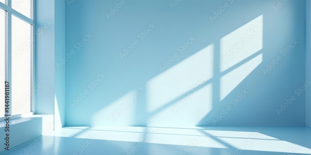 Obraz premium Serene Light Illuminates an Empty Room with a Window Casting Shadows on Pale Blue Walls and Floor