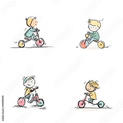 Hand-drawn illustrations of happy children riding tricycles in a playful and colorful style, perfect for childhood, activity, or outdoor-themed visuals.

