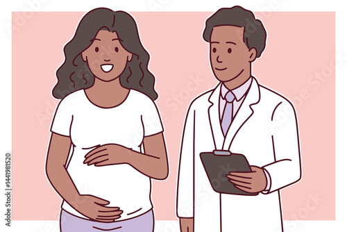 Dark-skinned male doctor with clipboard stands next to pregnant woman in maternity consultation scene