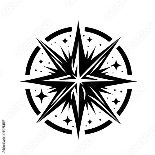 Bold Geometric Star Compass Rose Graphic Symbol - Black and White Illustration