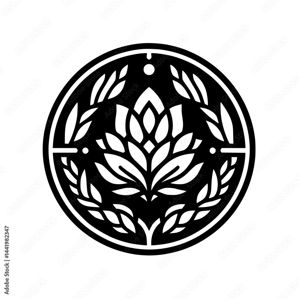 Elegant Black and White Stylized Lotus Flower Emblem with Leaves in Circular Frame. Simple, Minimalist Botanical Logo Design. Elegant Black and White Stylized Lotus Flower Emblem with Leaves in Circular Frame. Simple, Minimalist Botanical Logo Design.