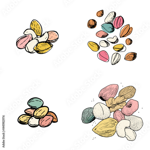 Hand-drawn assorted nuts in pastel and earthy tones. Great for organic food illustrations, healthy snack visuals, or ingredient packaging. Isolated on white background.

