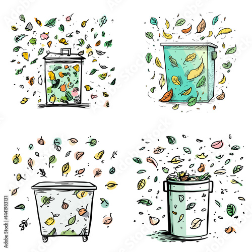 Creative illustrations of trash bins surrounded by falling leaves in colorful doodle style. Great for environmental, recycling, or seasonal autumn-themed content. Isolated on white background.

