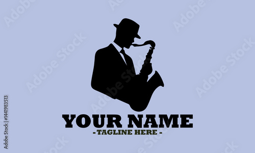 illustration silhouette of the musician playing on a saxophone vector design, logo saxophonist shape art and saxophone player template design