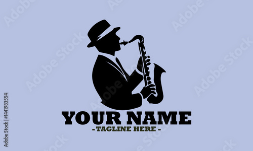 illustration silhouette of the musician playing on a saxophone vector design, logo saxophonist shape art and saxophone player template design