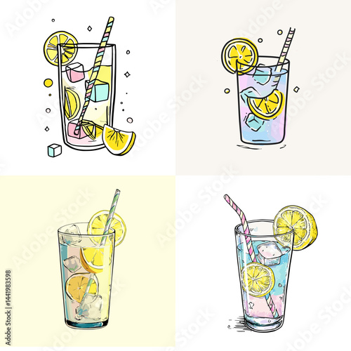 Playful hand-drawn doodle lemonade with lemon slices and ice cubes. Ideal for summer drink themes, refreshing beverage visuals, or fun cafe menu illustrations. Isolated on white background.

