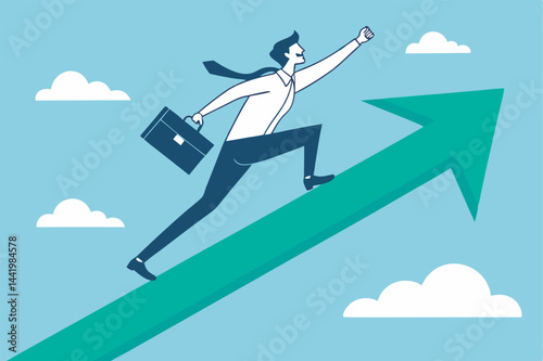 Businessman climbing arrow represents growth and success illustration on blue sky
