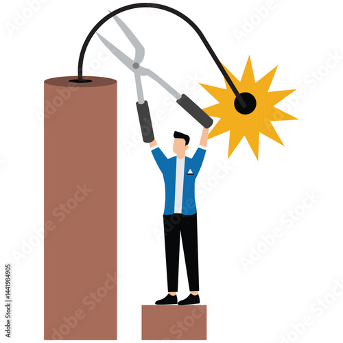Businessman holding scissors to cut the burning bomb fuse to relieve the crisis