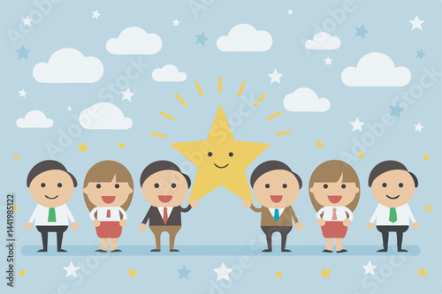 Cartoon business team holding star on sky background success achievement concept