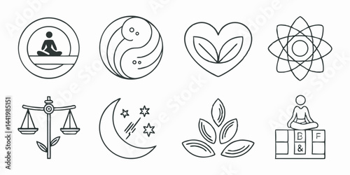 Collection of spiritual and wellness line art icons for design projects