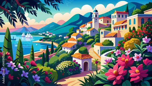 Mediterranean landscape with azalea flowers. French reviera, view of stunning coastal town