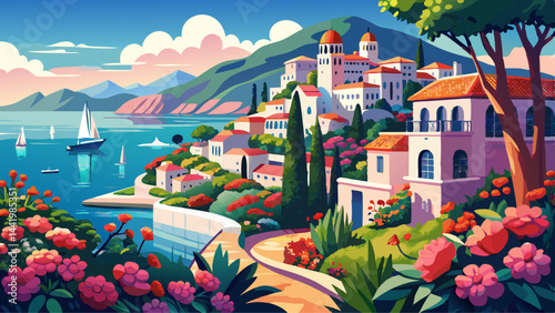 Mediterranean landscape with azalea flowers. French reviera, view of stunning coastal town