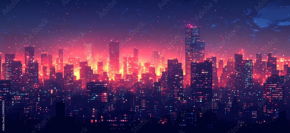 Fototapeta premium A city skyline at night with a purple sky