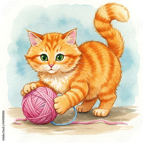 Watercolor illustration of an orange cat playing with yarn.