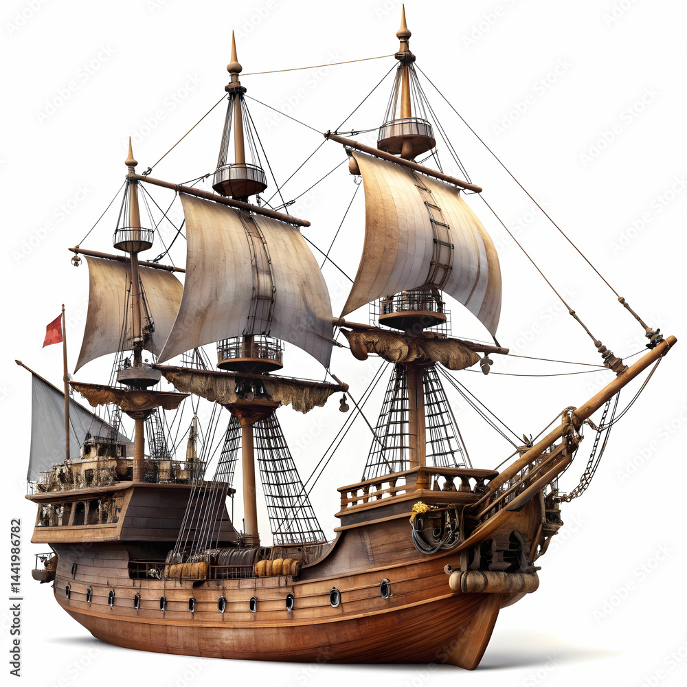 Naklejka premium Vintage Pirate Ship Isolated on White