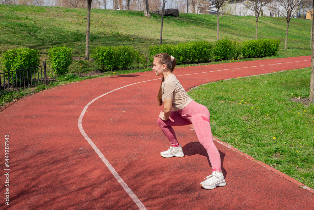 Obraz premium Woman stretching outdoors at fitness park