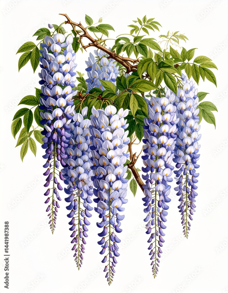 Ilustracja vintage, kwiaty Wisterii
na białym tle. Generative AI