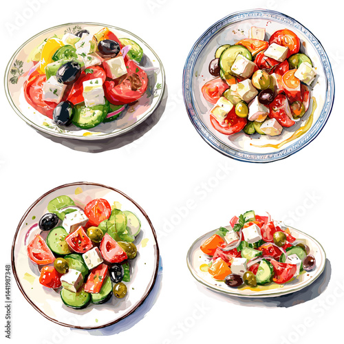 Fresh Greek salad with tomatoes, cucumbers, olives, and feta cheese in watercolor style. Ideal for healthy food visuals, Mediterranean cuisine, or vegan menu designs. Isolated on white.

