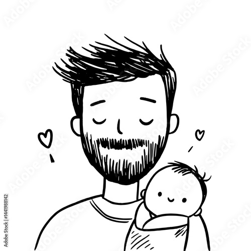 Heartfelt vector illustration of dad lovingly holding newborn, capturing essence of fatherhood, warmth, and love. Ideal for parenting, family, and newborn themes, showcasing deep emotional bond.