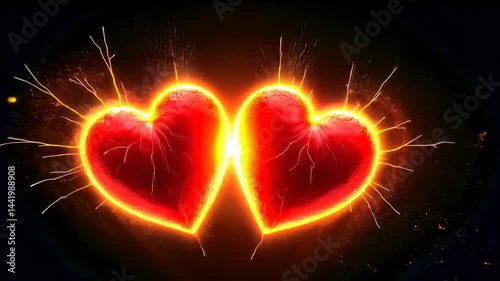 Painful attraction, heartache, magnetic allure. Emotional charge. Hearts radiate intense sparks. Feelings amplify connection power. Desire influences personal interactions.