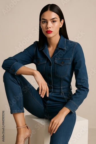 A stylish young woman with sleek, straight hair and a confident expression, wearing a modern, tailored denim jumpsuit with a chic pair of high-heeled sandals.