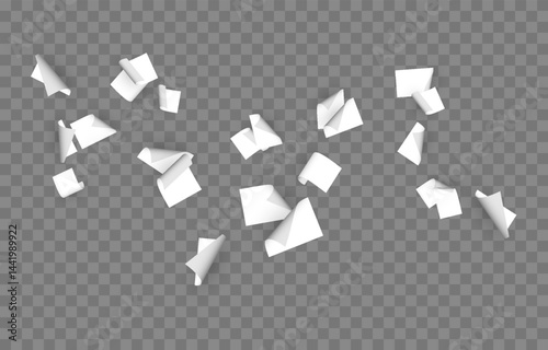 Vector falling sheets of paper png. Flying pages of documents on transparent background. Office sheets of paper png.