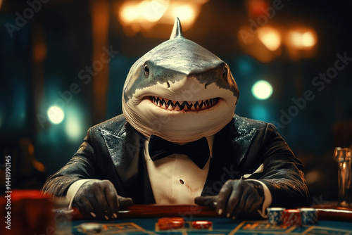 Shark in a suit at poker table.