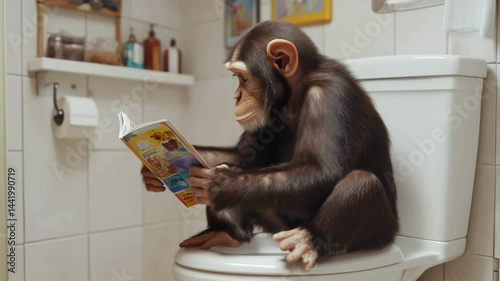 A cute monkey is sitting in a classic toilet position like a human, holding a colorful magazine in his hand while going to the toilet and reading it carefully