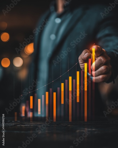 a person pointing on a digital bar chart