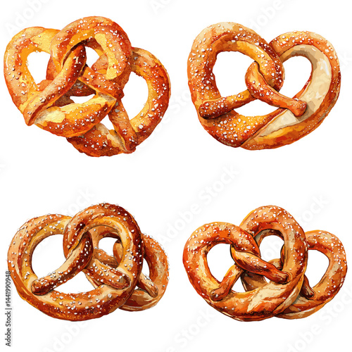 Golden brown pretzel illustrations with salt in watercolor style. Great for bakery menus, German cuisine themes, Oktoberfest visuals, or traditional snack design. Isolated on white background.

