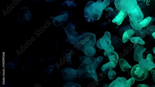 Group of Jellyfish - Aurelia aurita swimming in dark aquarium showcasing fluid motion serenity by glowing according to changing light.