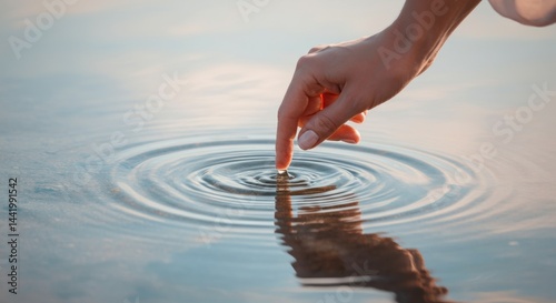 Serene touch of female hand creating ripples in calm water at sunset