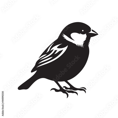 Black Sparrow Bird Silhouette with Smooth Curves on White Background