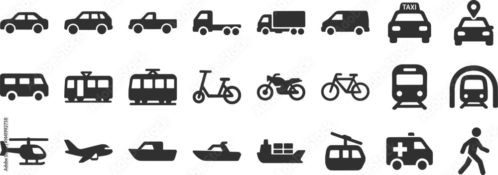 Obraz premium Transport glyph icon set. Vector pictograms of airplane, helicopter, boat, ferry, cargo, ship, motorcycle, bicycle, tram, subway, metro, black sign silhouette illustration.