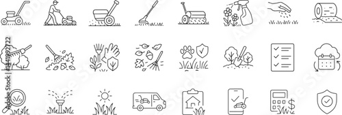 Lawn care service line icon set. Vector pictograms of weed control, overseeding, trimming, shrubs, leaves removal, seasonal cleanup, irrigation, thin linear illustration.