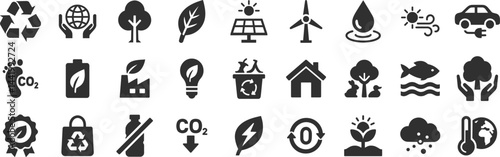 Ecology general glyph icon set. Vector pictograms of sun energy, wind turbine, water, drop, electric car, battery, green, factory, light bulb, zero waste, black sign silhouette illustration.