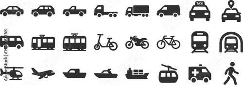 Transport glyph icon set. Vector pictograms of airplane, helicopter, boat, ferry, cargo, ship, motorcycle, bicycle, tram, subway, metro, black sign silhouette illustration.
