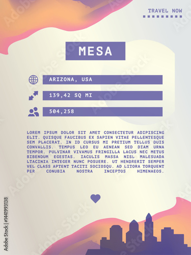 Mesa, Arizona state vector infographics, brochure layout. Guide, leaflet, flyer, advertising graphic template with text, information, USA city skyline shape. Page, festival, cover mock up image