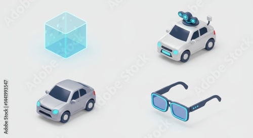 Isometric Objects: Car, Police Car, Glasses, Cube, Clean Background.