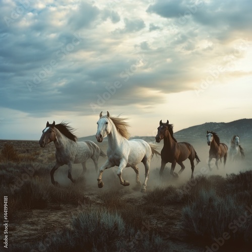 Herd of wild horses galloping across dusty plains at sunset.