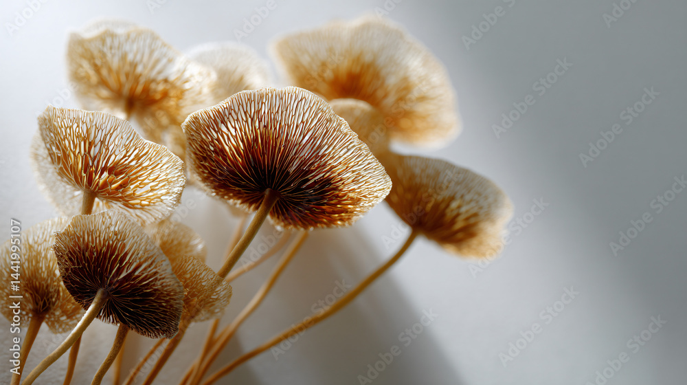 A group of elegant mushrooms on a white background, styled in a natural and intriguing pattern A group of elegant mushrooms on a white background, styled in a natural and intriguing pattern