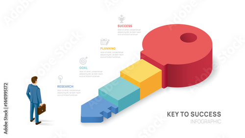 key success achievement grow infographic template for business. growth or progress to achieve target goal 4 stairs steps.
